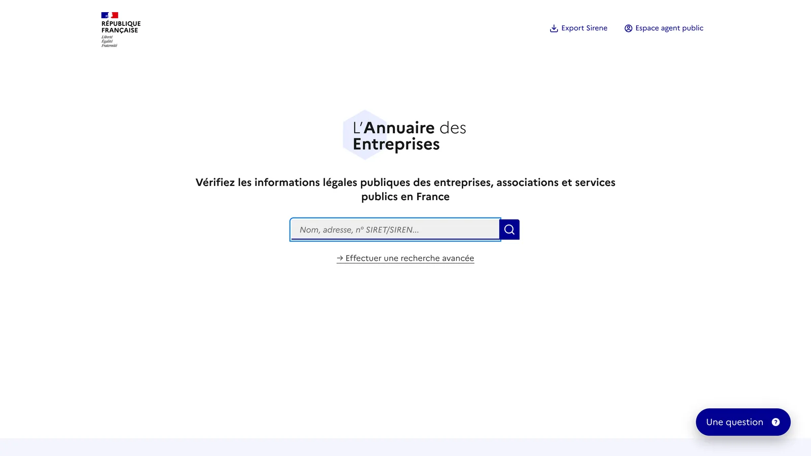 Page d'accueil de l'Annuaire des Entreprises, le service public qui permet de rechercher une entreprise par son nom, son SIREN ou son adresse