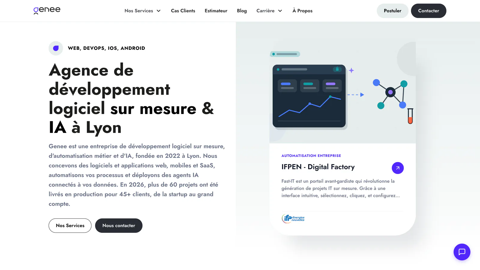 Page d'accueil de Genee : « Agence de développement logiciel sur mesure & IA à Lyon »