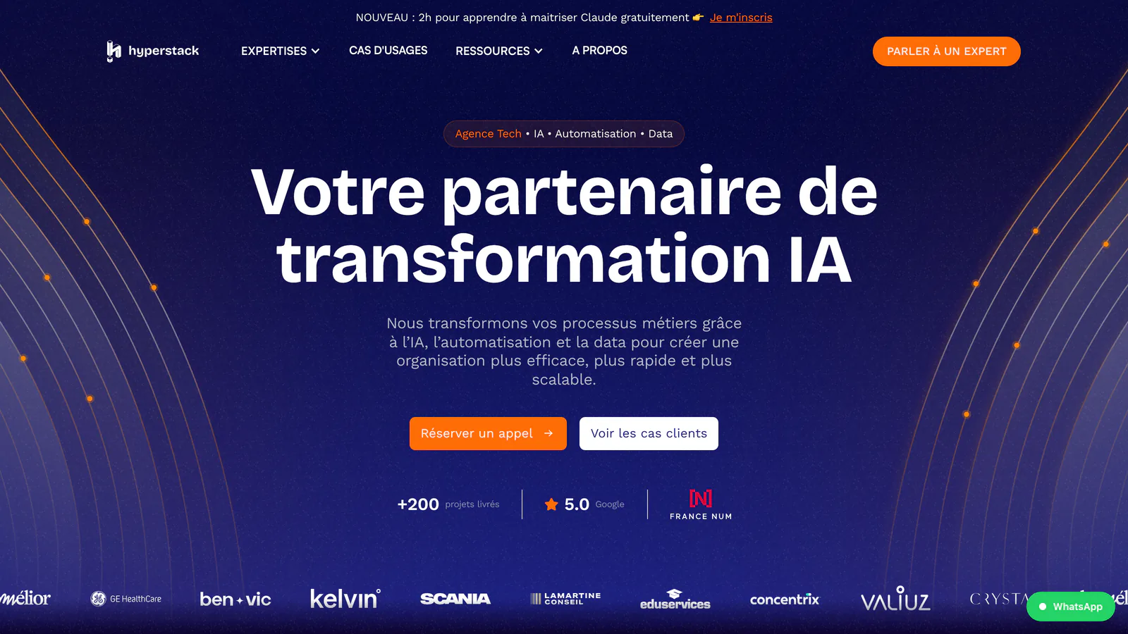 Page d'accueil de Hyperstack : « Votre partenaire de transformation IA », avec les logos de clients comme GE Healthcare, Scania et Concentrix
