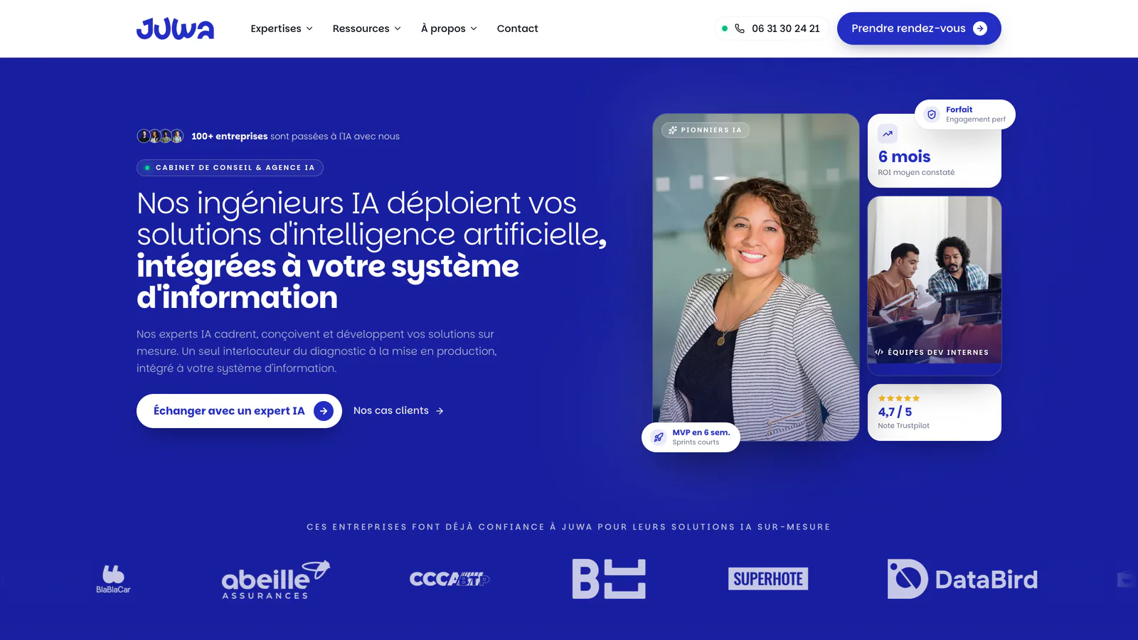 Page d'accueil de Juwa : « Nos ingénieurs IA déploient vos solutions d'intelligence artificielle »