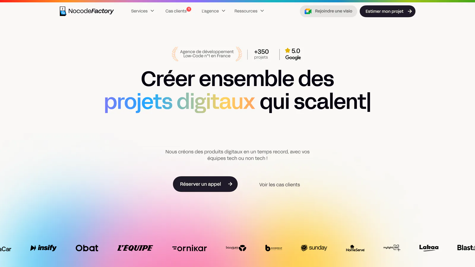Page d'accueil de Nocode Factory : « Créer ensemble des projets digitaux qui scalent »