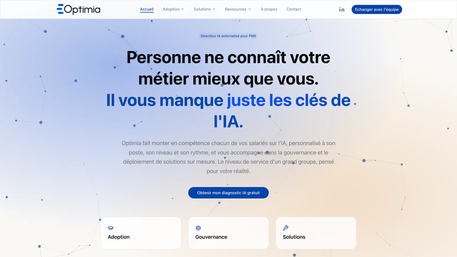 Page d'accueil d'Optimia : « Personne ne connaît votre métier mieux que vous »