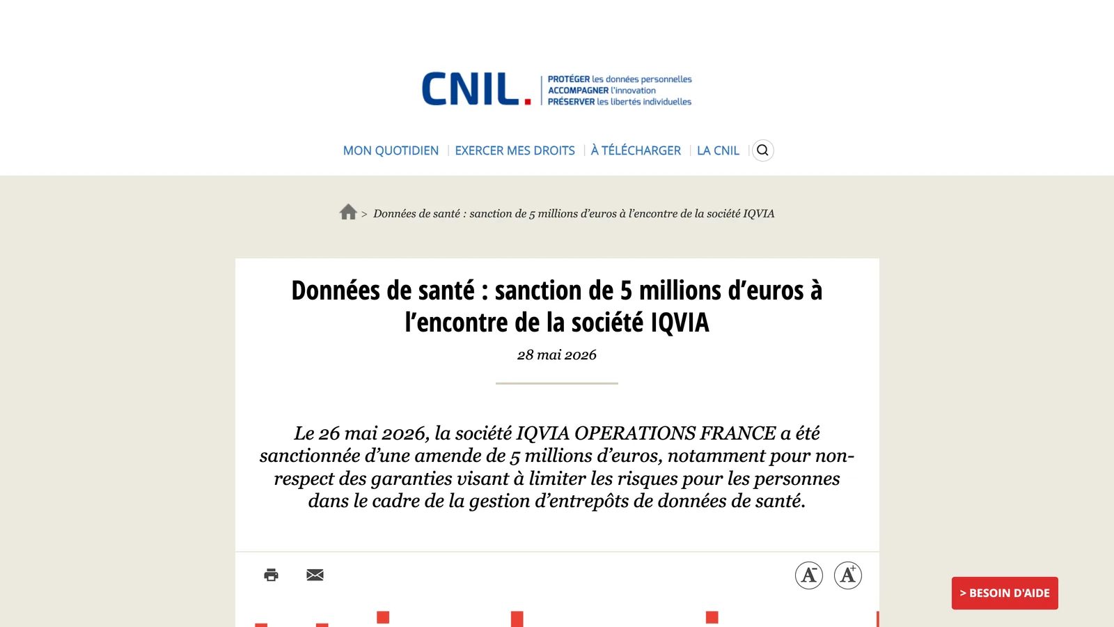 Page de la CNIL « Données de santé : sanction de 5 millions d'euros à l'encontre de la société IQVIA », datée du 28 mai 2026