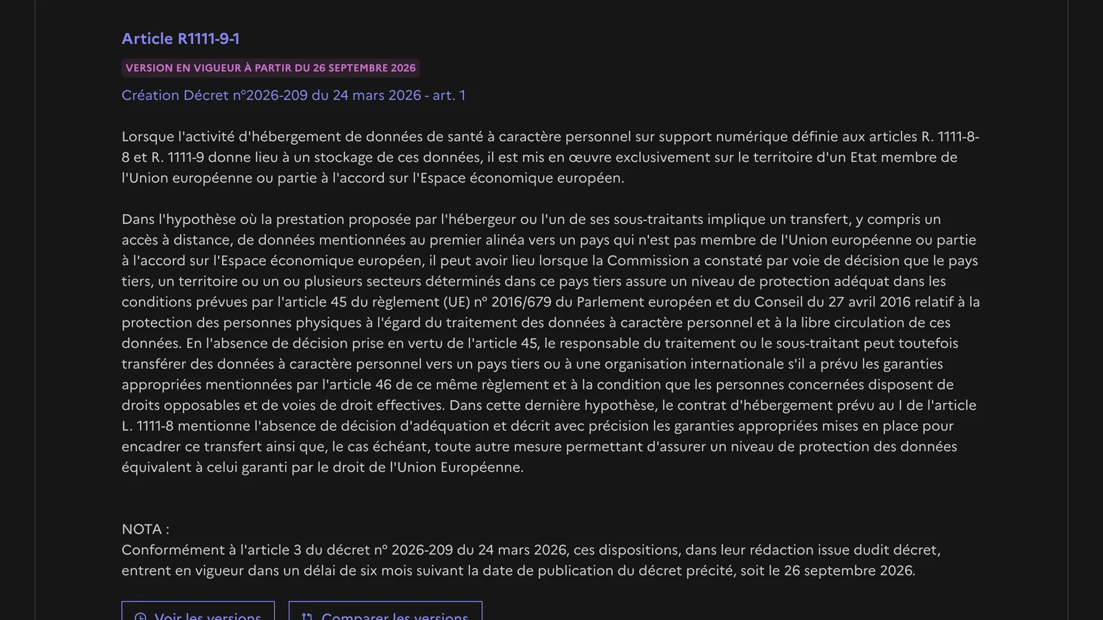 Page Légifrance de l'article R1111-9-1 du Code de la santé publique, « Version en vigueur à partir du 26 septembre 2026 », création par le décret n° 2026-209 du 24 mars 2026