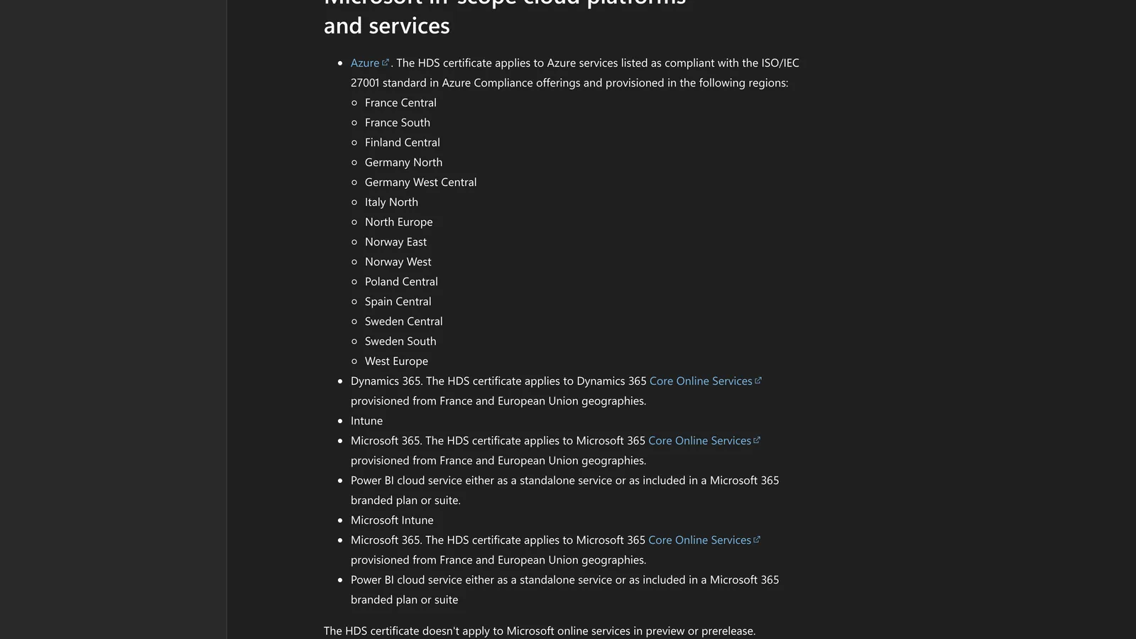Page Microsoft Learn « Microsoft in-scope cloud platforms and services » : le certificat HDS s'applique aux services Azure listés conformes ISO/IEC 27001, dans 14 régions dont France Central et France South