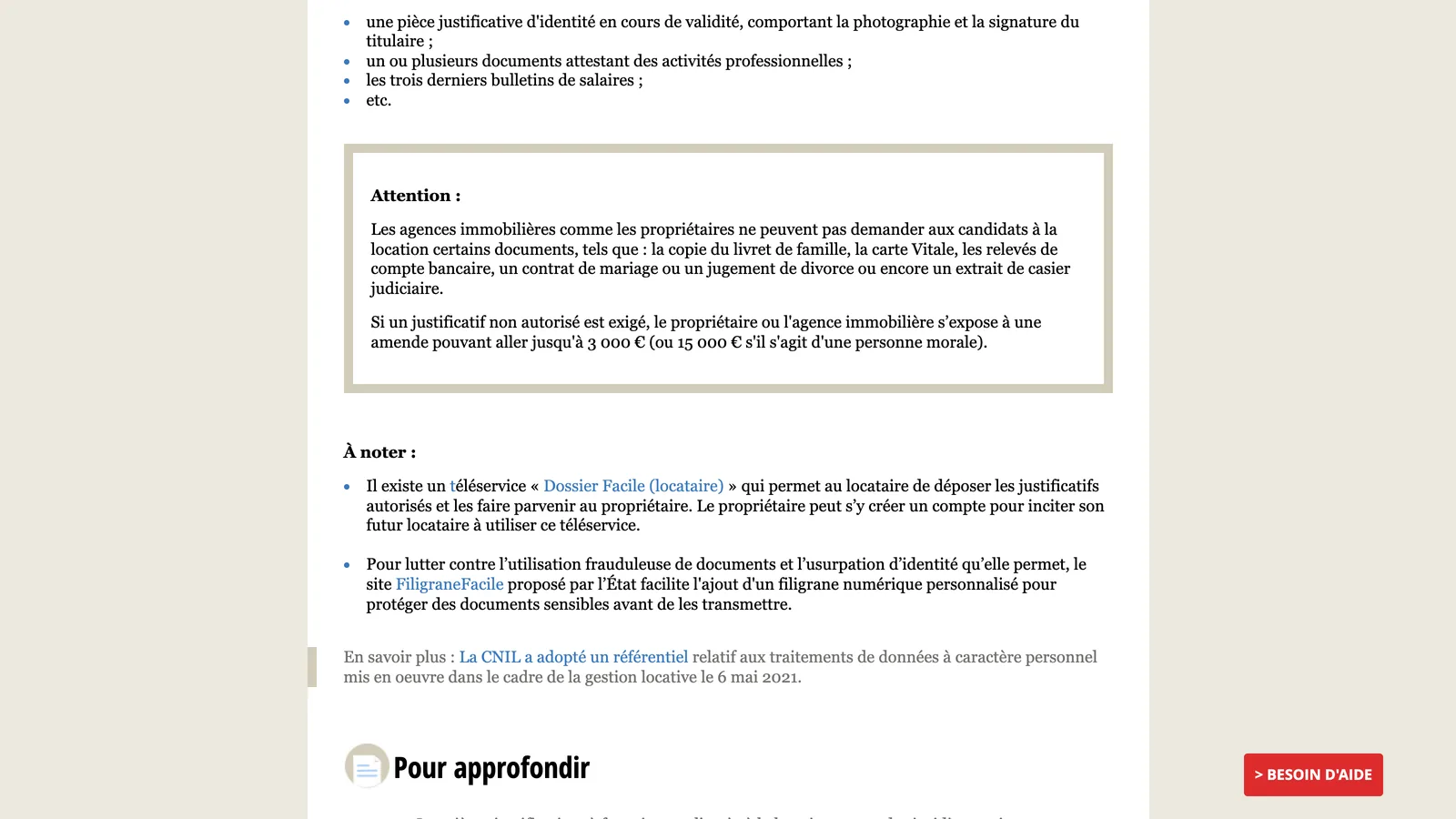 Page CNIL « Location d'un bien immobilier : quels justificatifs peut-on demander aux candidats ? », encadré listant les documents interdits et l'amende de 3 000 € ou 15 000 €, et mention de DossierFacile