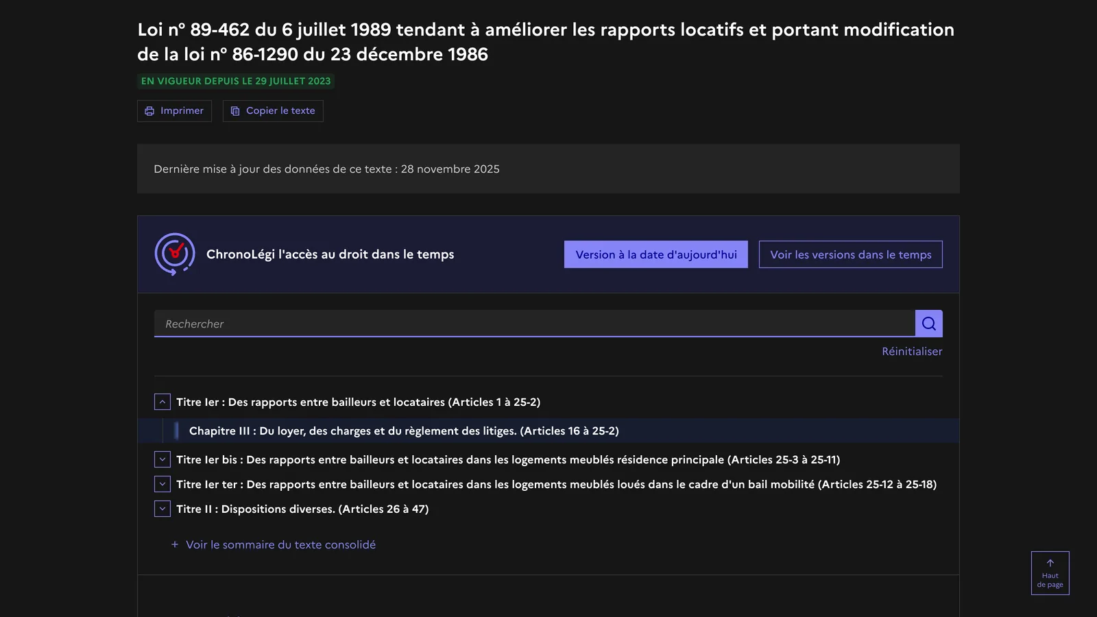 Page Légifrance « Loi n° 89-462 du 6 juillet 1989 tendant à améliorer les rapports locatifs », version en vigueur depuis le 29 juillet 2023, chapitre III sur le loyer et les charges