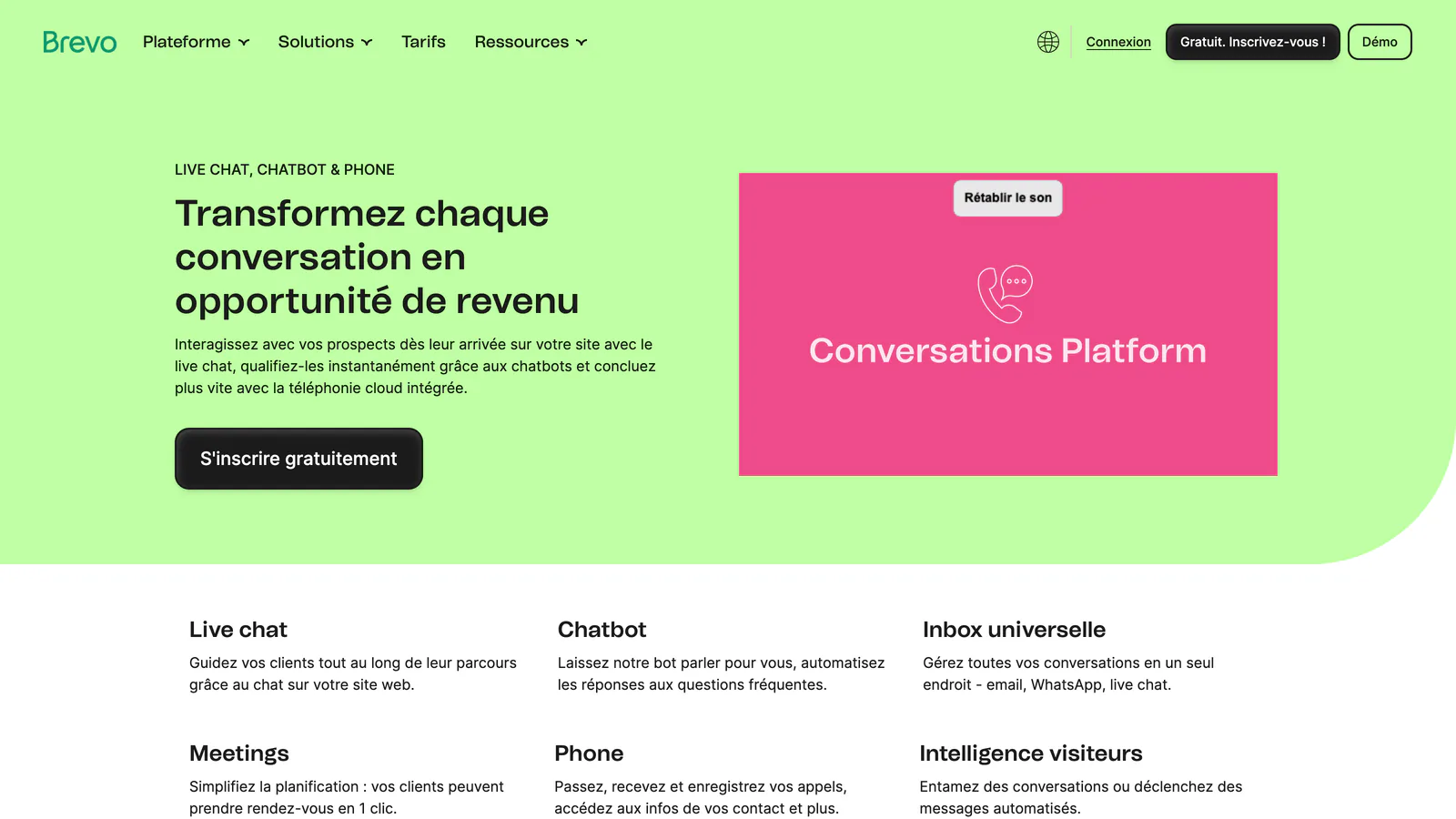 Page Brevo Conversations : « Transformez chaque conversation en opportunité de revenu »