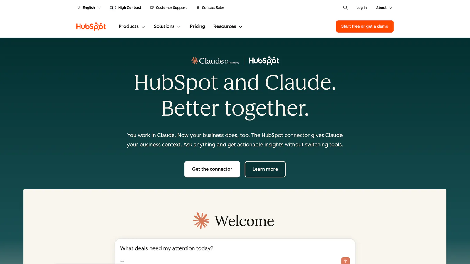 Page HubSpot « HubSpot and Claude. Better together. » présentant le connecteur HubSpot pour Claude