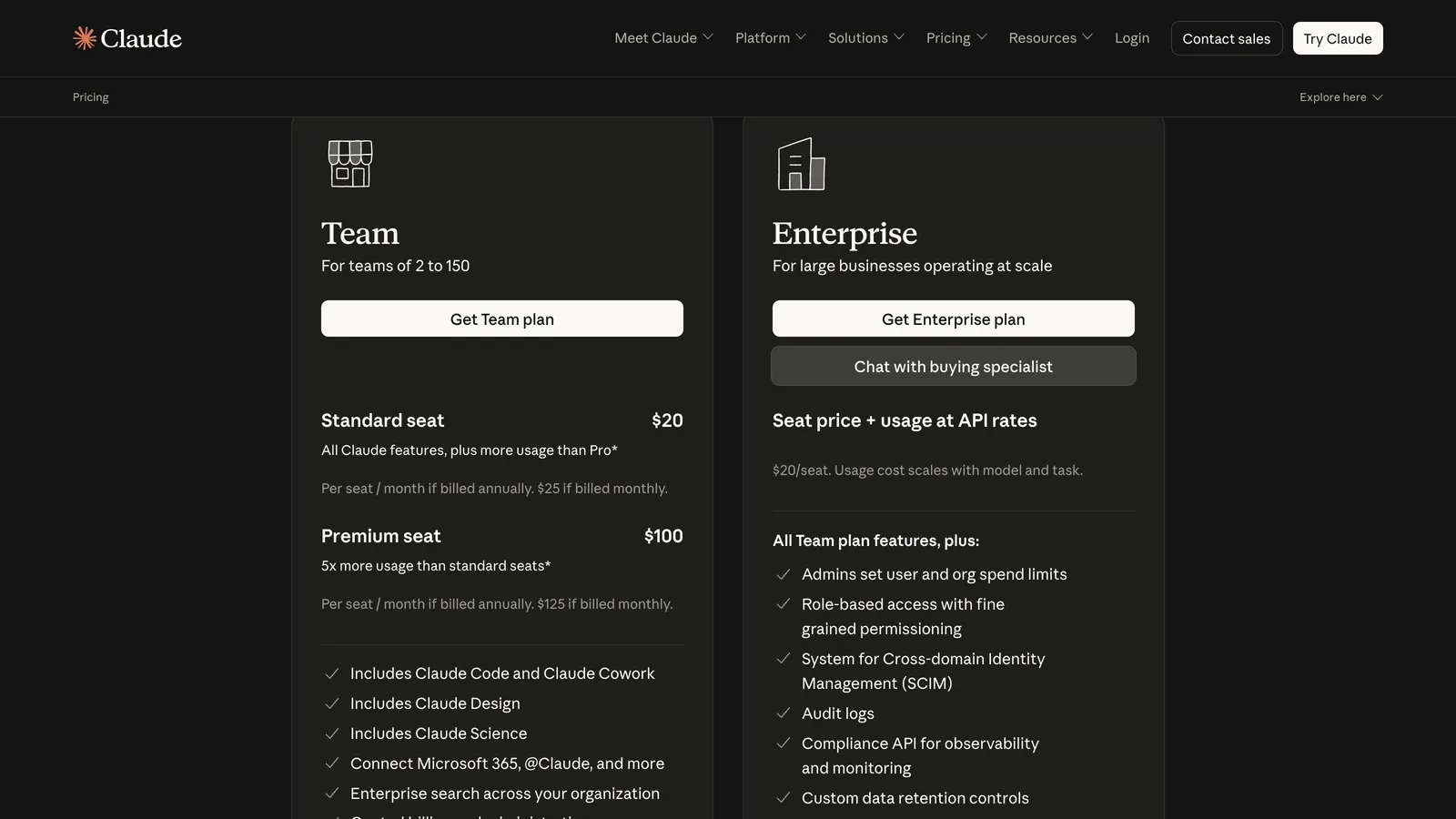 Page de prix de Claude, onglet Team et Enterprise : Team « For teams of 2 to 150 », siège Standard à 20 $, siège Premium à 100 $, Enterprise « Seat price + usage at API rates »