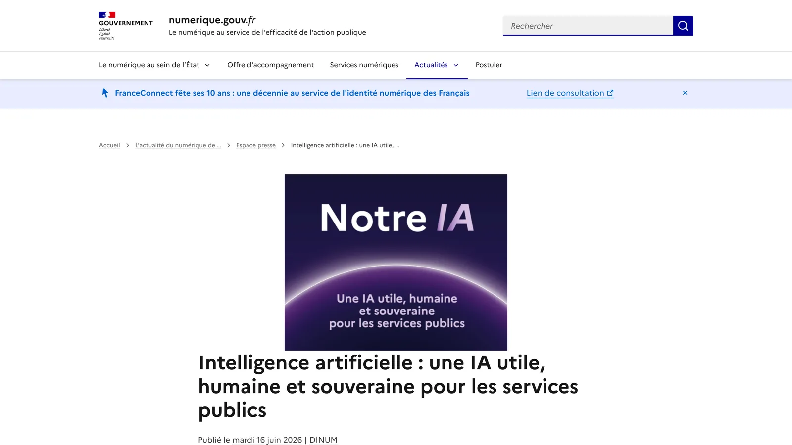 Communiqué de numerique.gouv.fr « Intelligence artificielle : une IA utile, humaine et souveraine pour les services publics », publié le mardi 16 juin 2026 par la DINUM