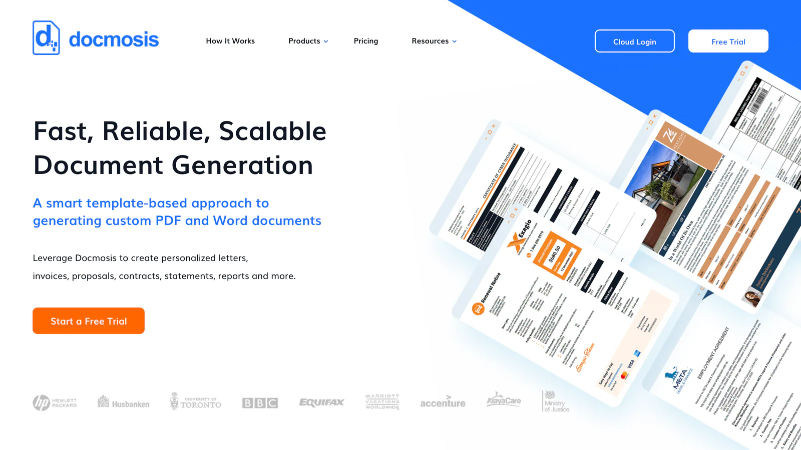 Page d'accueil de Docmosis : « Fast, Reliable, Scalable Document Generation »