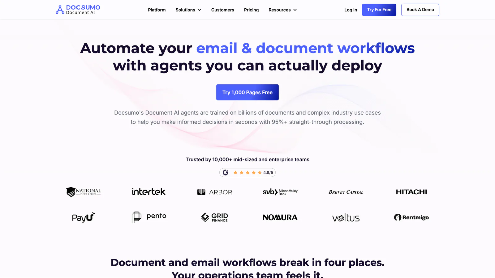 Page d'accueil de Docsumo : « Automate your email & document workflows »