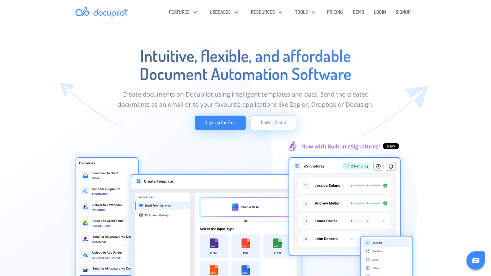 Page d'accueil de Docupilot : « Intuitive, flexible, and affordable Document Automation Software »