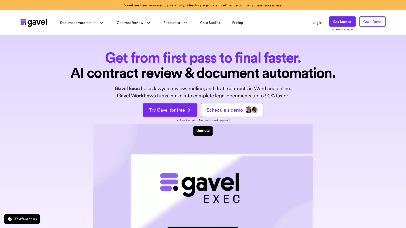 Page d'accueil de Gavel : « Get from first pass to final faster », avec le bandeau annonçant son rachat par Relativity