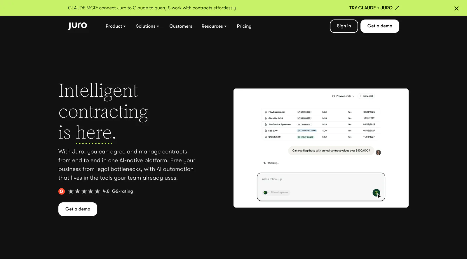 Page d'accueil de Juro : « Intelligent contracting is here »