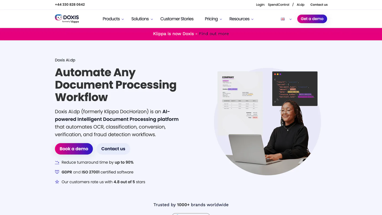 Page Doxis AI.dp, anciennement Klippa DocHorizon, avec le bandeau « Klippa is now Doxis »