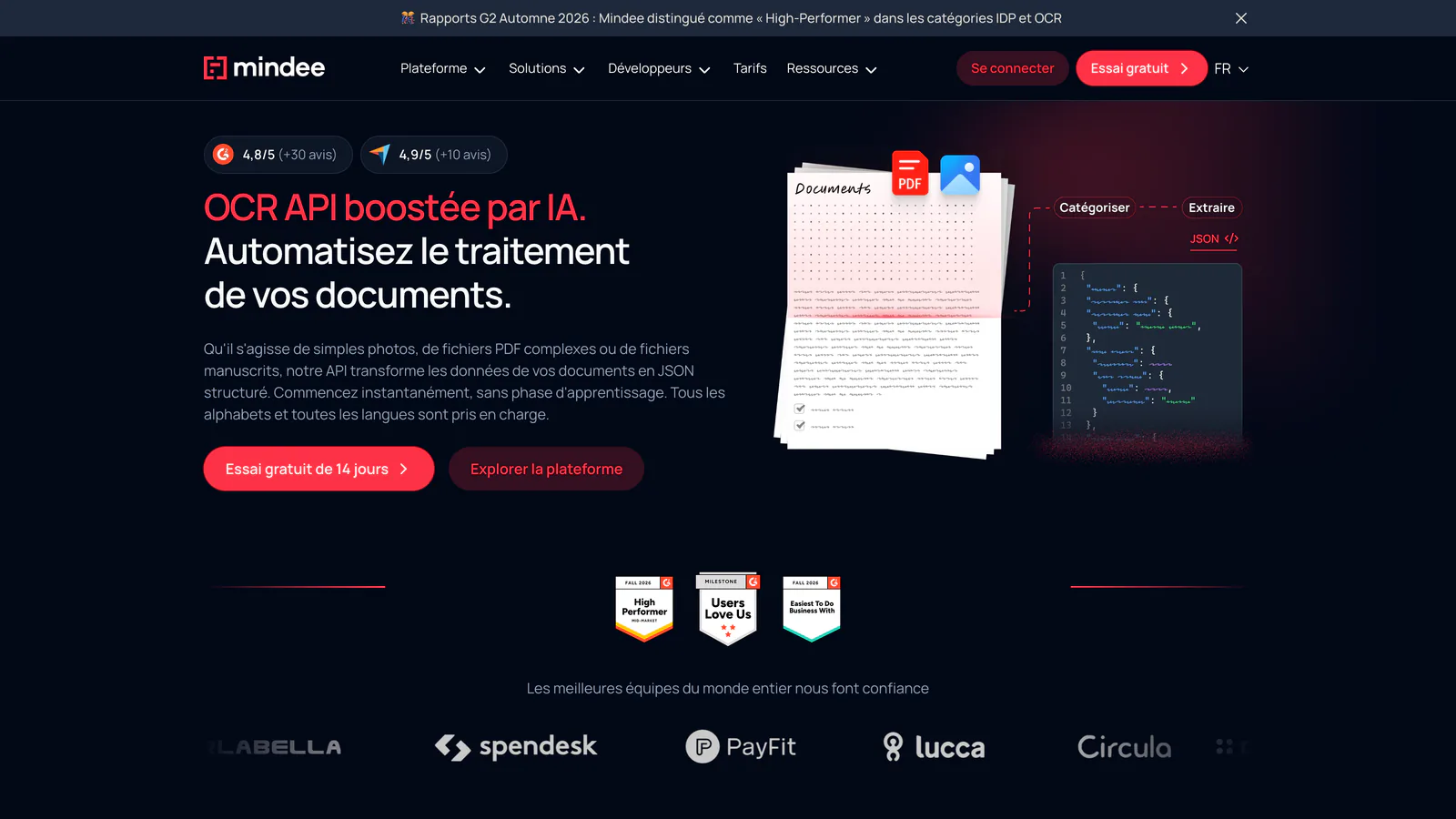 Page d'accueil de Mindee : « OCR API boostée par IA »