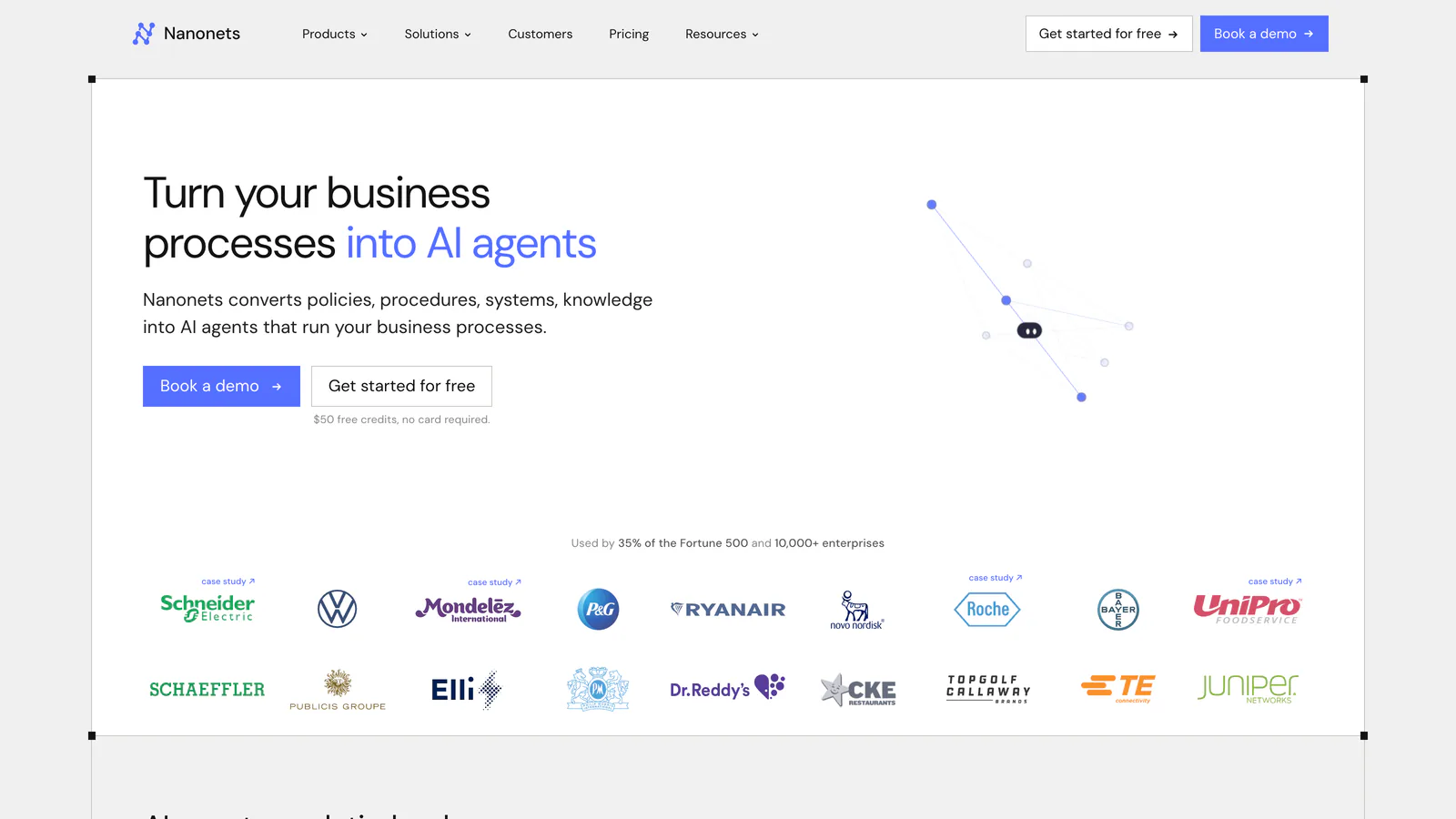 Page d'accueil de Nanonets : « Turn your business processes into AI agents »