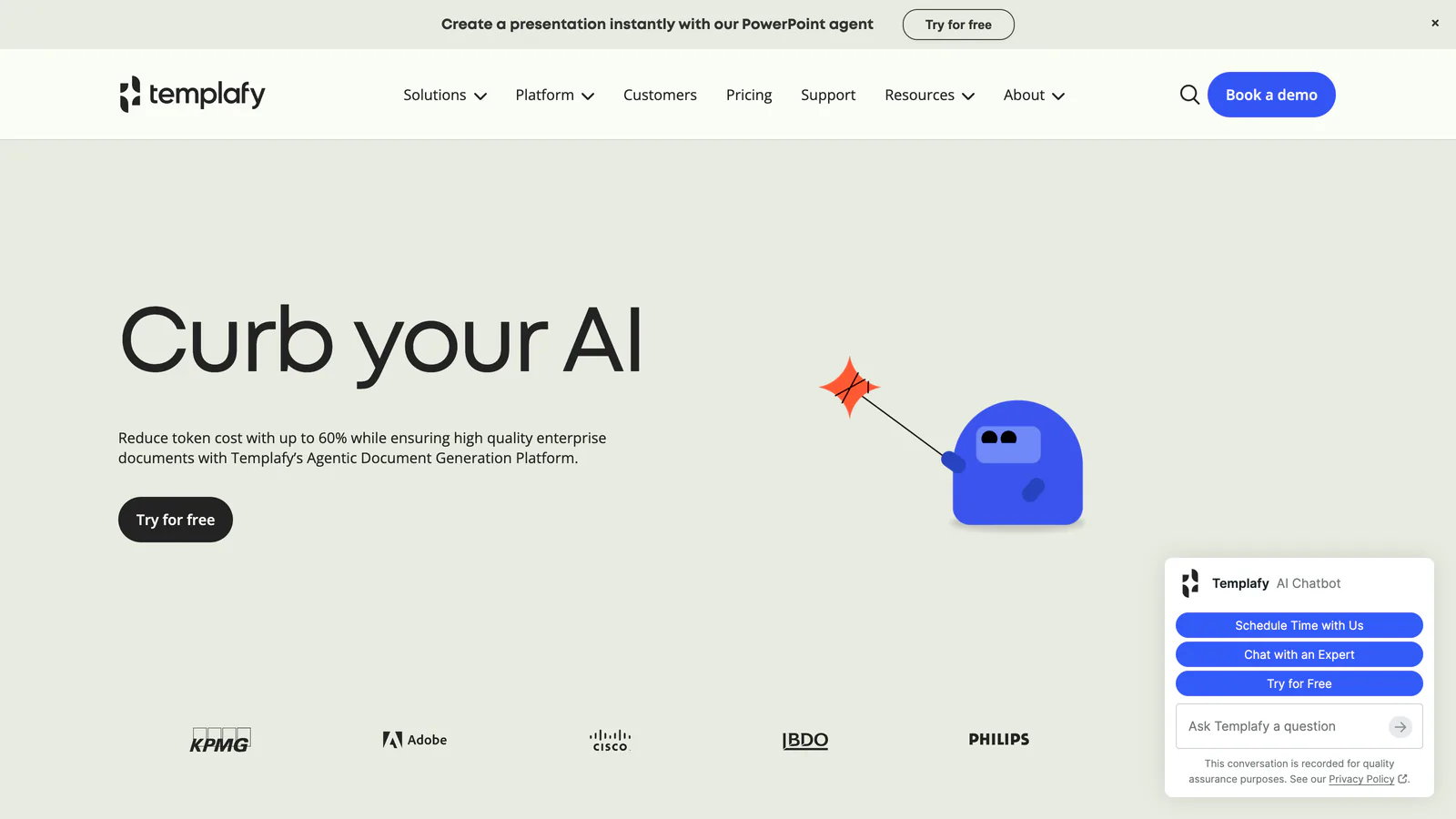 Page d'accueil de Templafy : « Curb your AI », présentant la génération de documents par agents