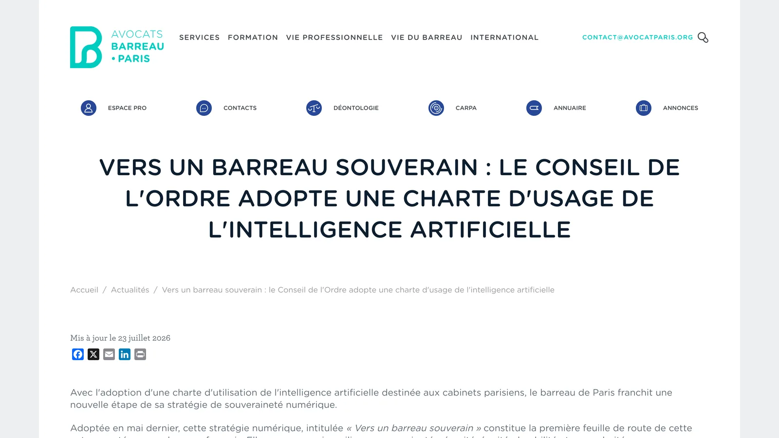 Page du barreau de Paris titrée « Vers un barreau souverain : le Conseil de l'Ordre adopte une charte d'usage de l'intelligence artificielle », mise à jour le 23 juillet 2026