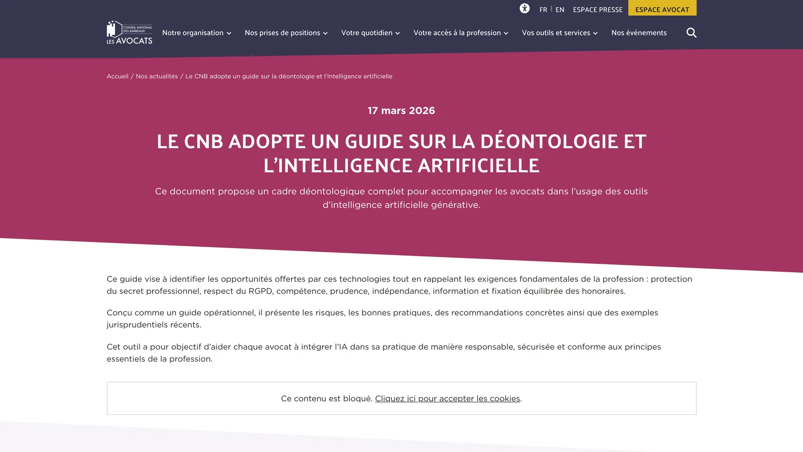 Page d'actualité du CNB datée du 17 mars 2026, titrée « Le CNB adopte un guide sur la déontologie et l'intelligence artificielle », avec la liste des exigences couvertes