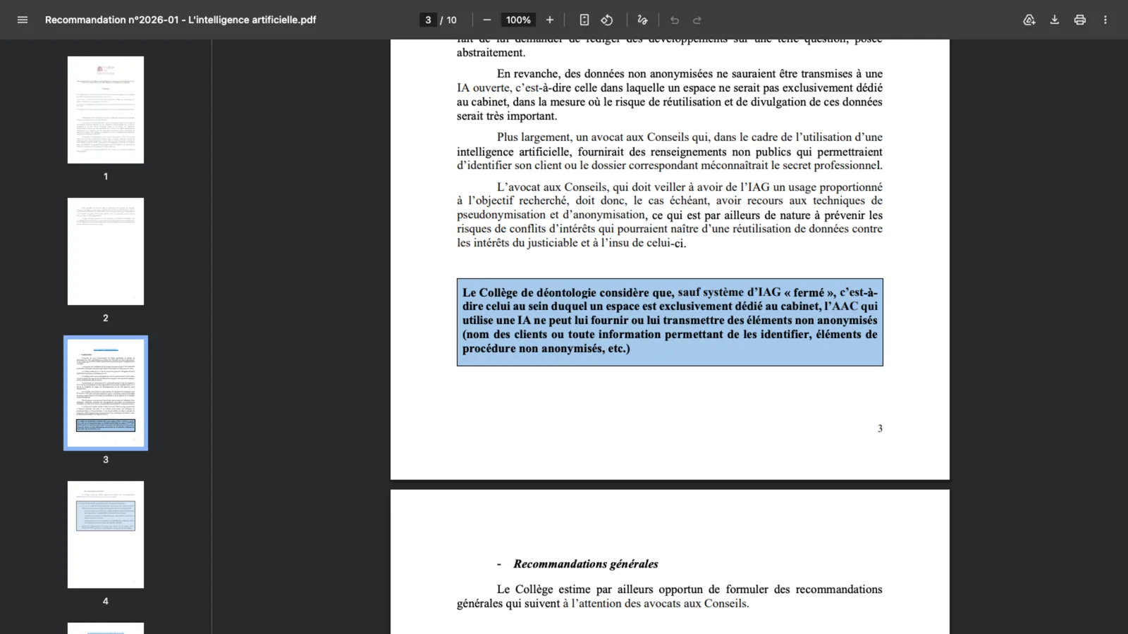 Page 3 de la recommandation n° 2026-01 du Collège de déontologie des avocats aux Conseils, avec l'encadré sur le système d'IAG fermé et les éléments non anonymisés