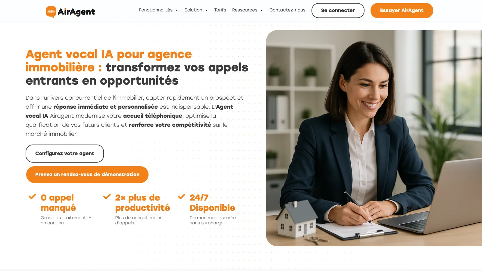 Page AirAgent « Agent vocal IA pour agence immobilière : transformez vos appels entrants en opportunités »