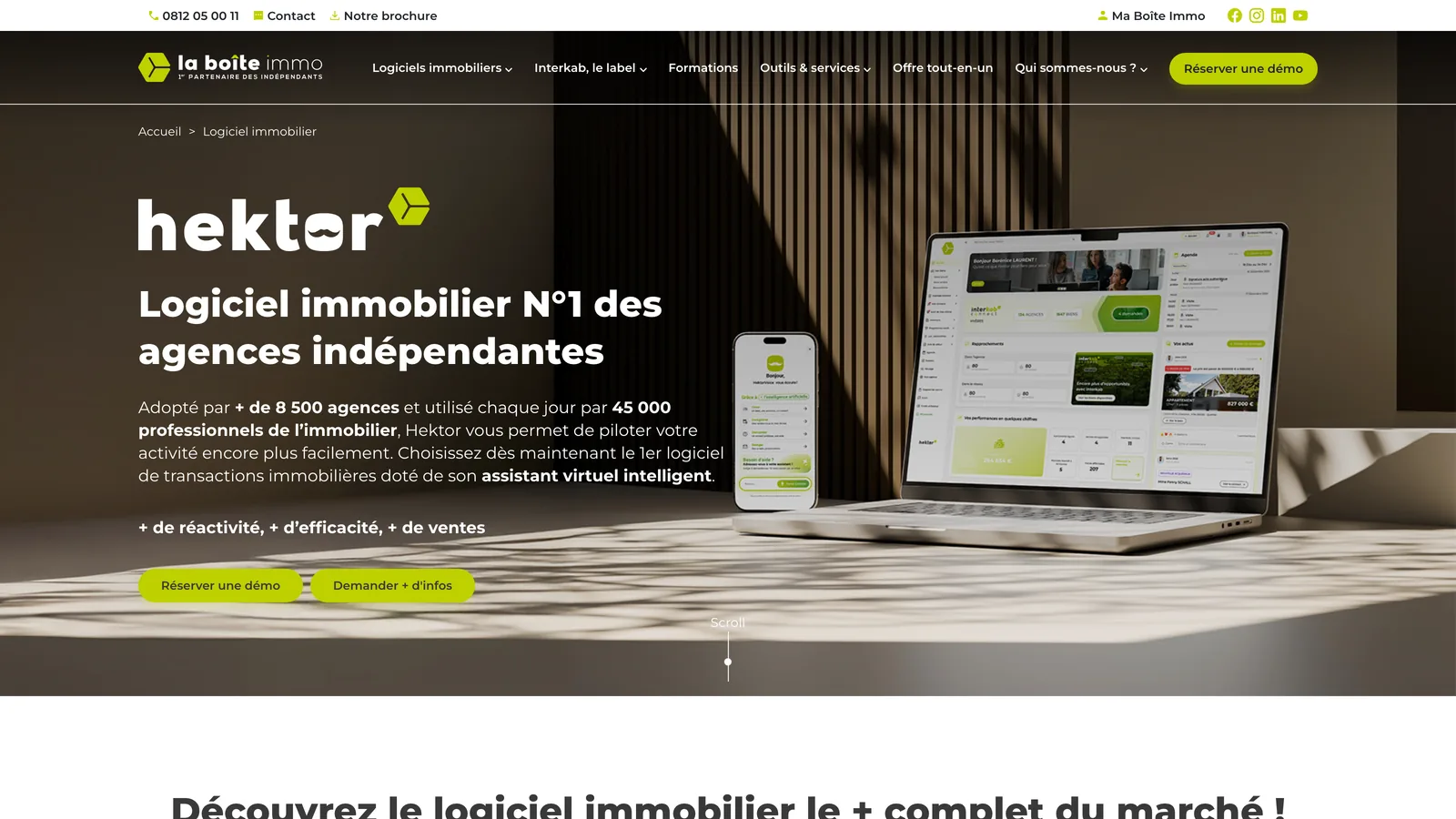Page du logiciel Hektor de La Boîte Immo, « Logiciel immobilier N°1 des agences indépendantes »