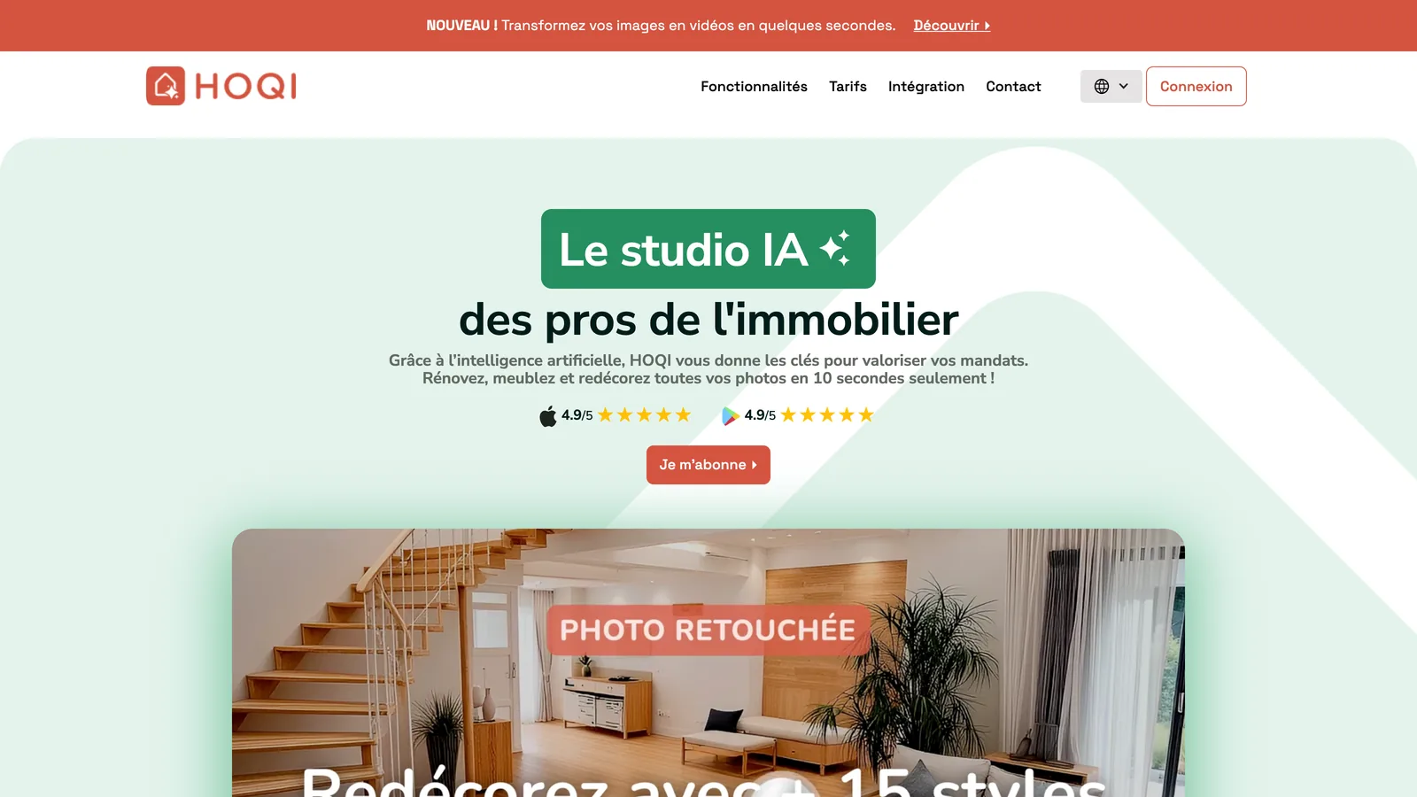 Page d’accueil de HOQI, « Le studio IA des pros de l’immobilier », avec une photo retouchée