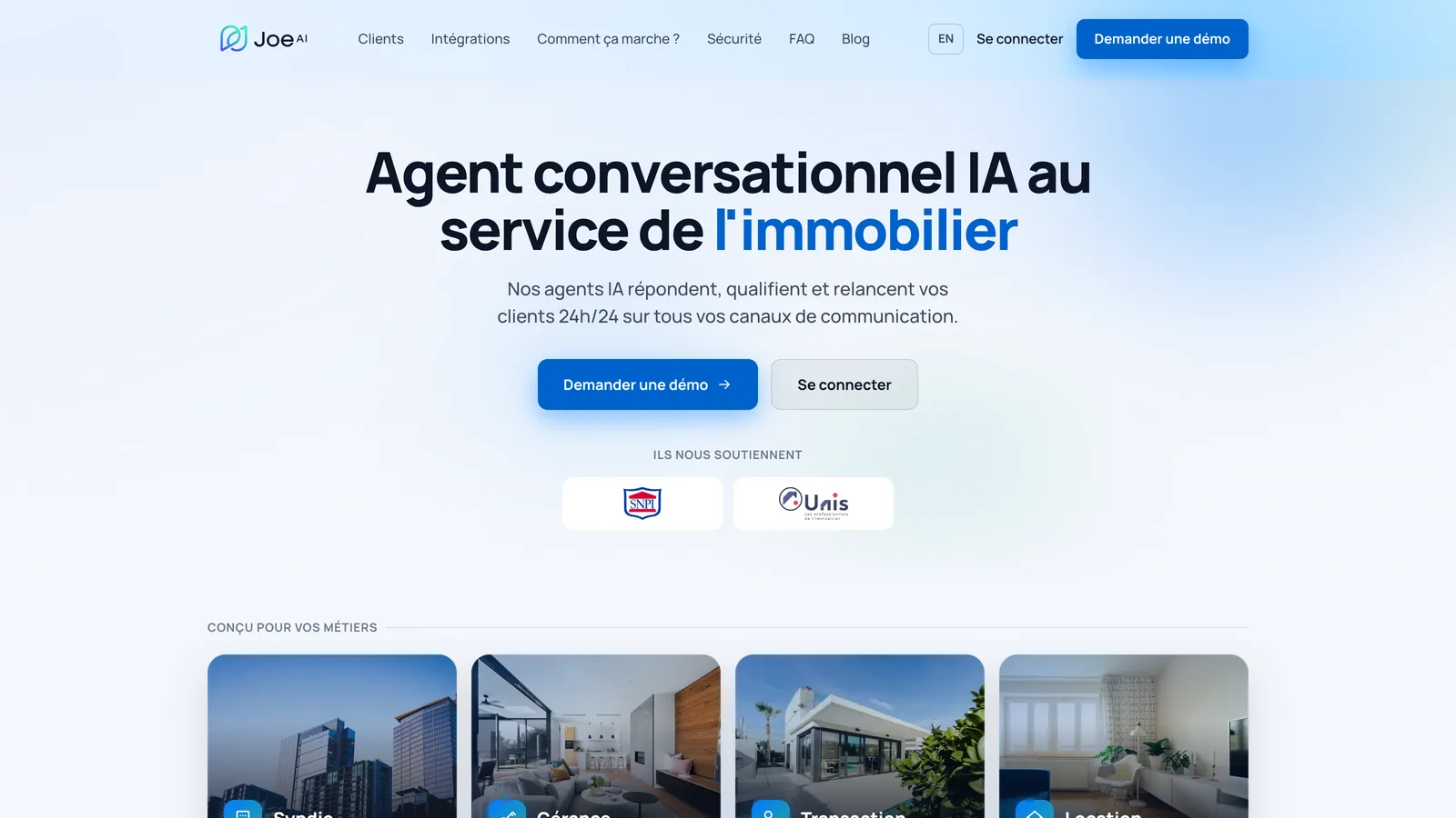 Page d’accueil de Joe AI, « Agent conversationnel IA au service de l’immobilier »