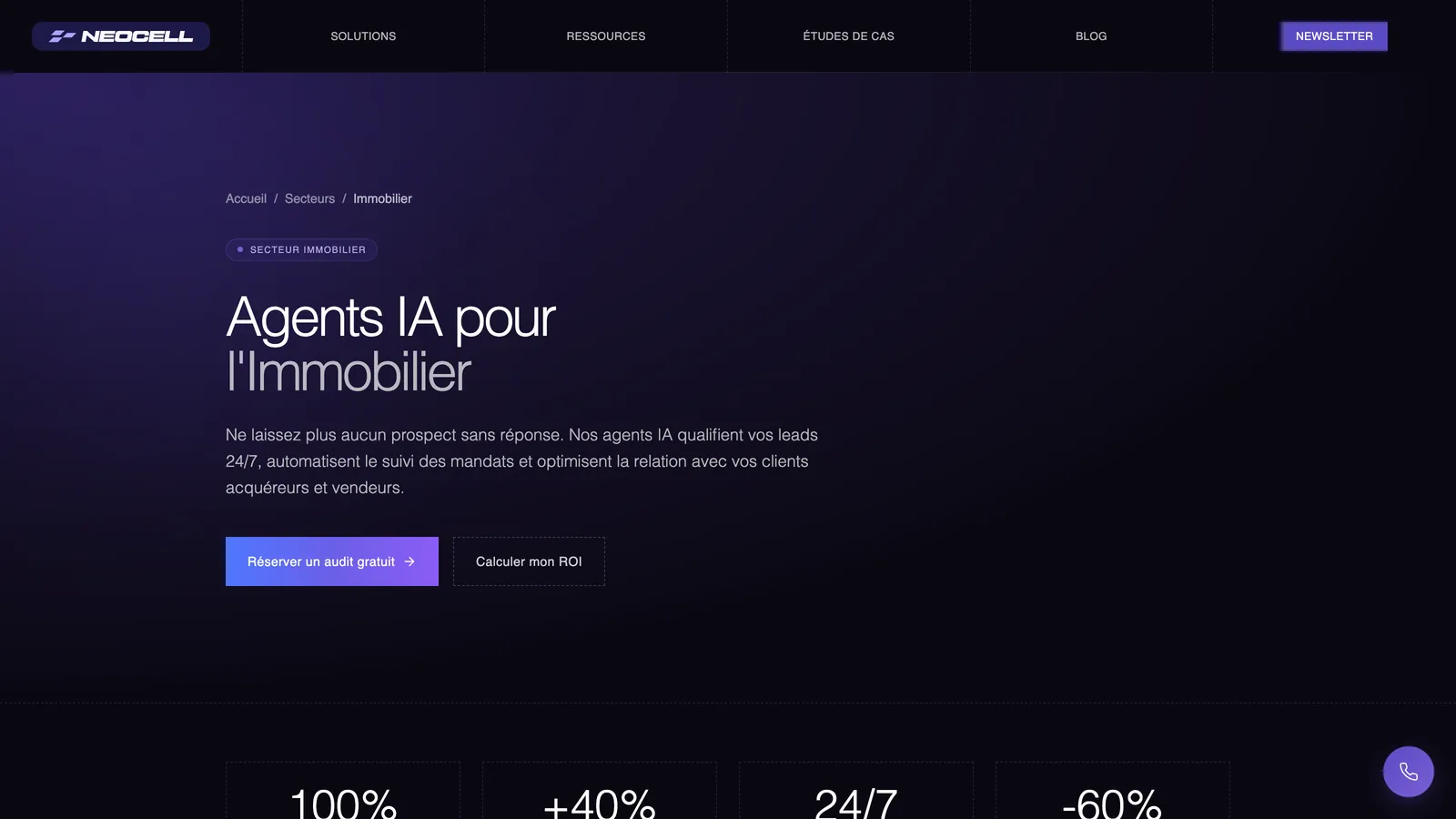 Page « Agents IA pour l'Immobilier » de Neocell, avec les boutons de réservation d'audit et de calcul de ROI