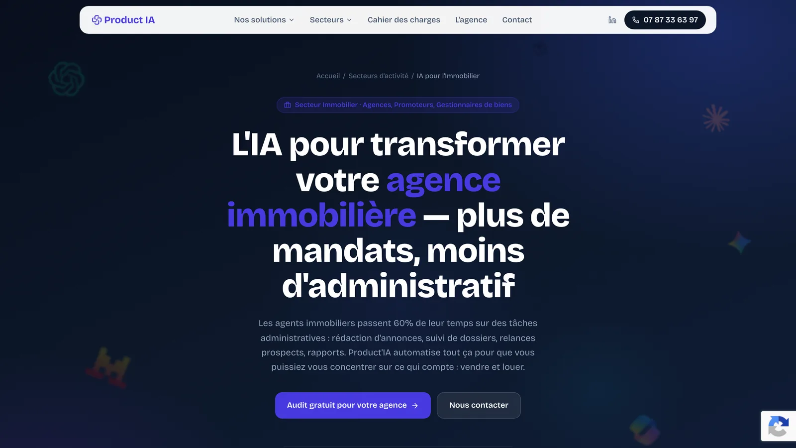 Page « L'IA pour transformer votre agence immobilière » de Product'IA, avec le bouton d'audit gratuit