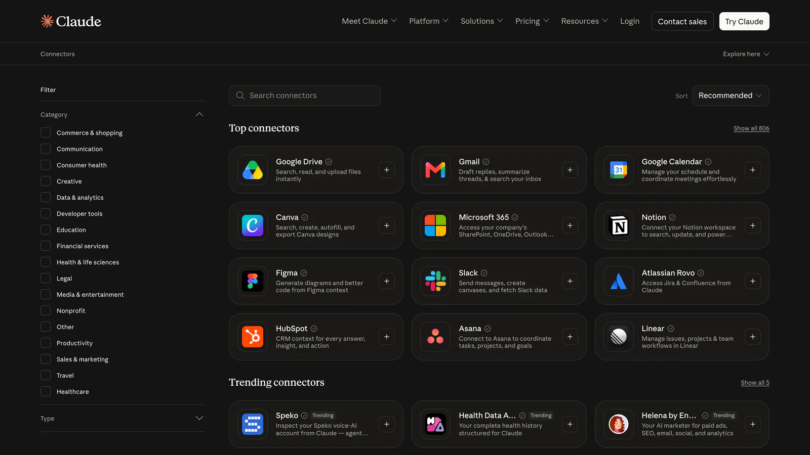 Annuaire des connecteurs de Claude, avec la recherche, les catégories et les connecteurs les plus utilisés comme Google Drive, Gmail, Slack, Notion et HubSpot