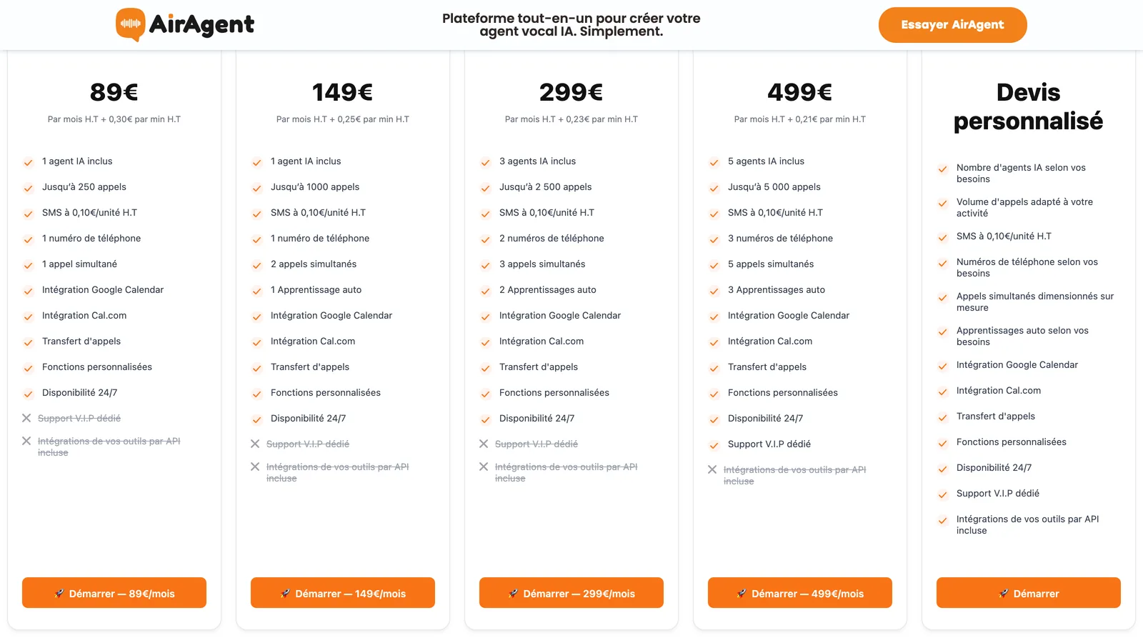 Grille tarifaire d'AirAgent sous le bandeau « Plateforme tout-en-un pour créer votre agent vocal IA. Simplement. » : 89 €, 149 €, 299 € et 499 € par mois HT plus un prix par minute, et une offre sur devis