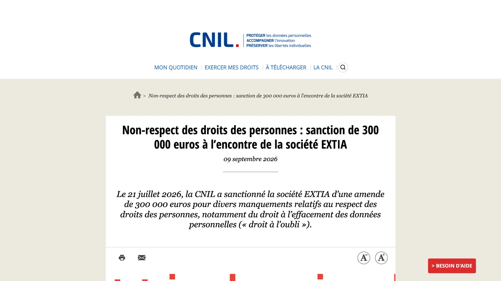 Page CNIL « Non-respect des droits des personnes : sanction de 300 000 euros à l'encontre de la société EXTIA », datée du 9 septembre 2026